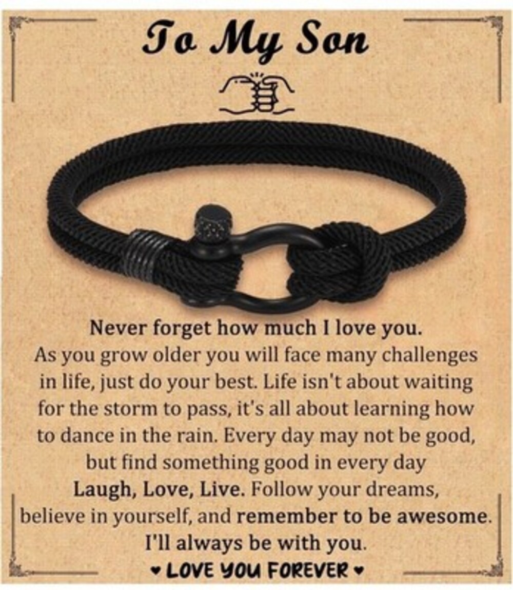 Black Braided Rope Bracelet Adjustable Stainless Steel Buckle 7.5" Love Son Gift
